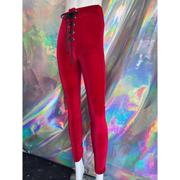 NEW Red Velvet Leggings with Black Lace Up Waist - Picture 7 of 10